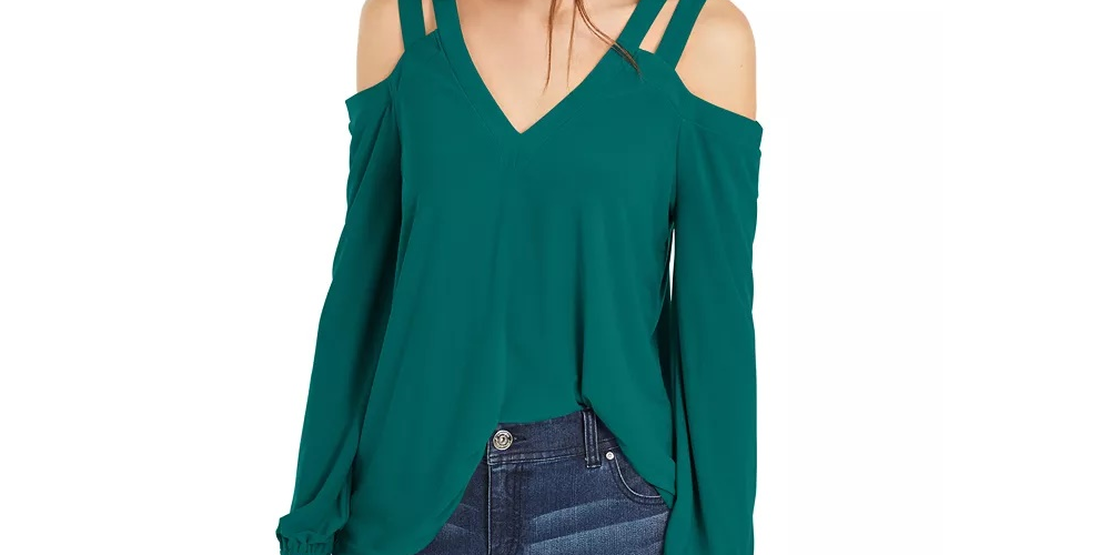 Blusa feminina com recorte e ombros descobertos, azul, tamanho médio, da INC International Concepts