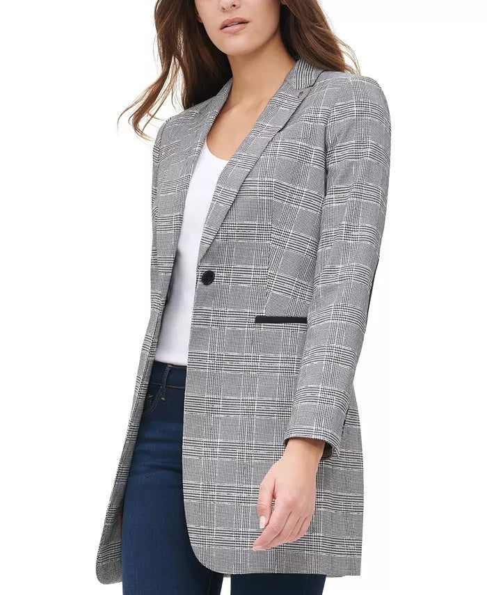 Tommy Hilfiger Blazer feminino xadrez com um botão e cotovelo cinza, tamanho 16