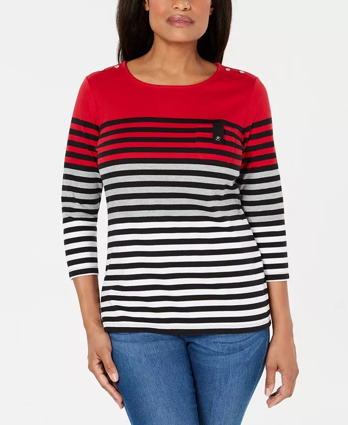 Karen Scott Top Listrado Feminino Petite Colorblocked Vermelho Brilhante Tamanho Petite XL