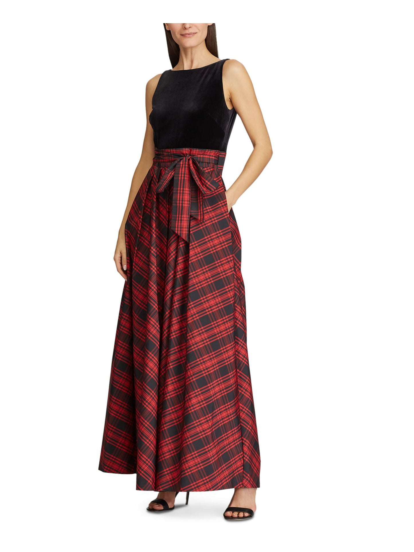 ralph-lauren-womens-plaid-sleeveless-maxi-evening-dress-black-size-17