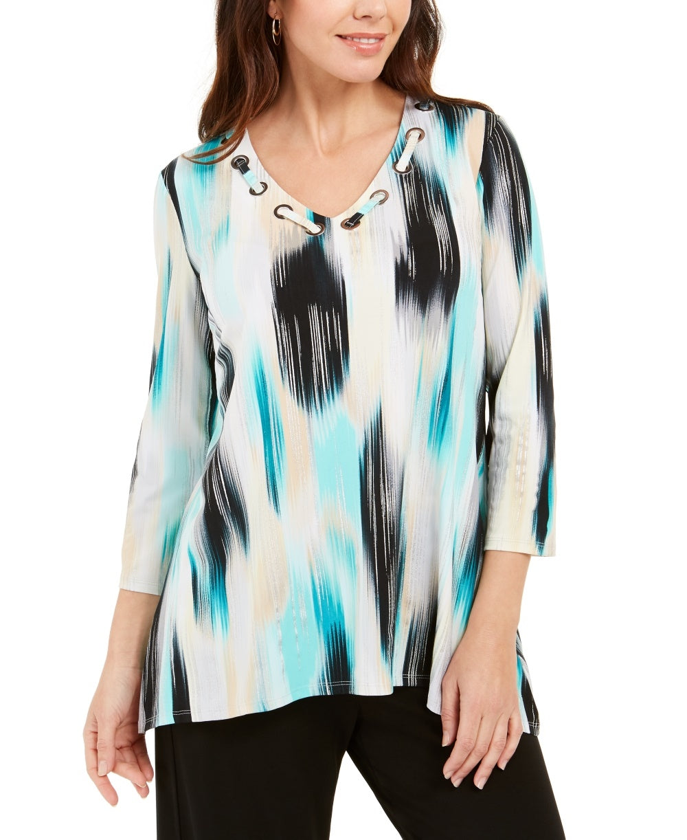 Top estampado com decote ilhós e alças finas JM Collection para mulheres, tamanho grande, azul-marinho