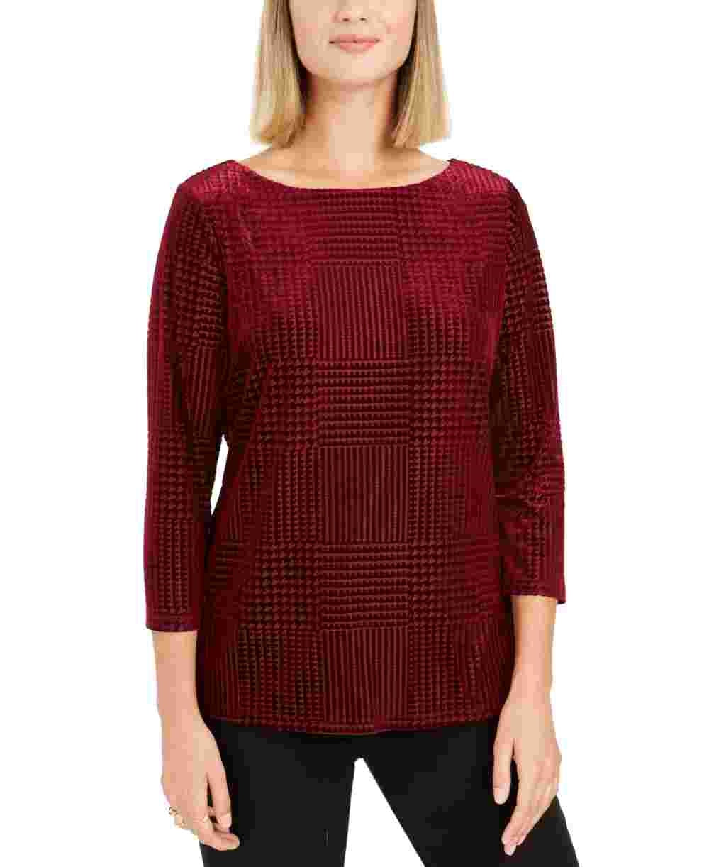 Charter Club Blusa feminina com decote canoa flocado, vermelha, tamanho pequeno médio