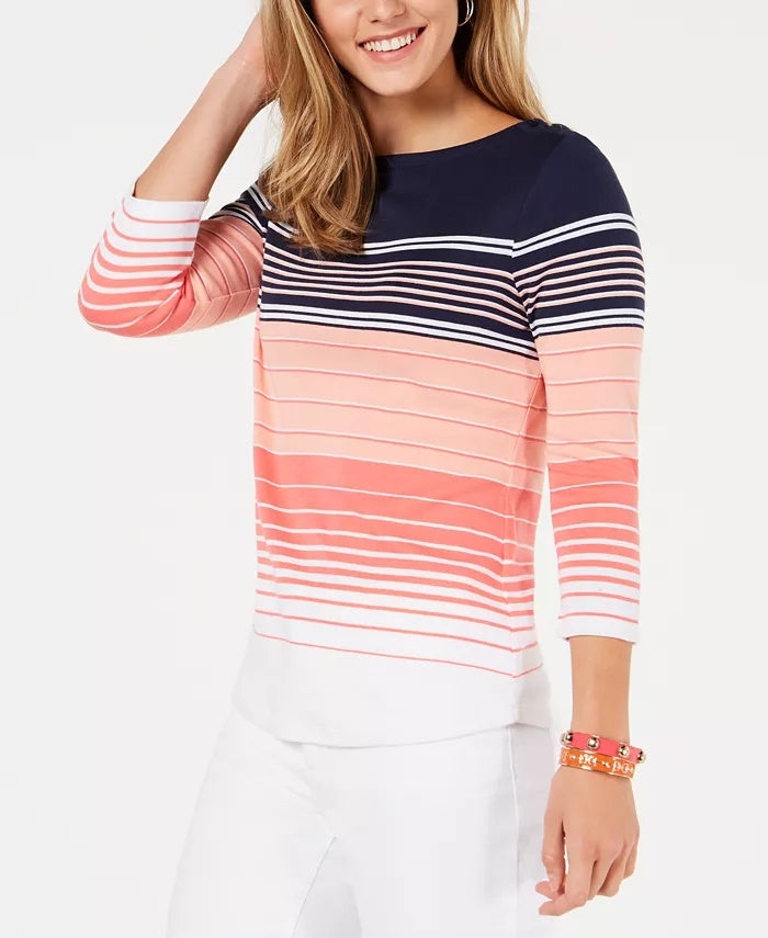 Charter Club Petite Pima Cotton Listrado com Ombros Abertos e Botões, Tamanho PL, Feminino