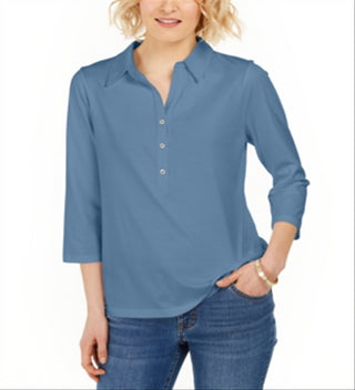 Camisa polo feminina Charter Club Supima Cotton manga 3/4 azul tamanho 2XL