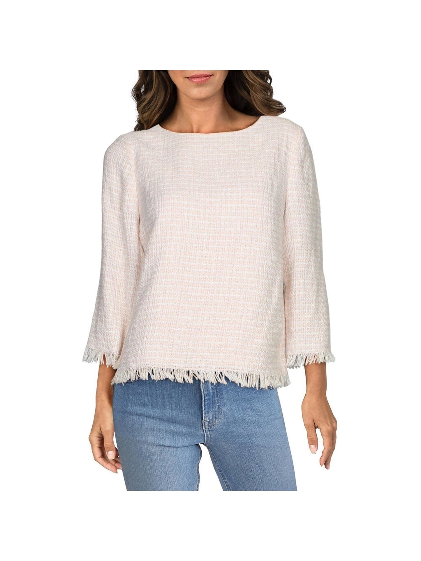 Blusa feminina Anne Klein desfiada com estampa desfiada e gola joia, branca, tamanho grande