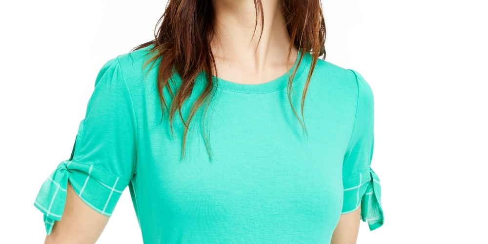 Blusa de malha feminina Maison Jules com mangas amarradas, verde, tamanho pequeno