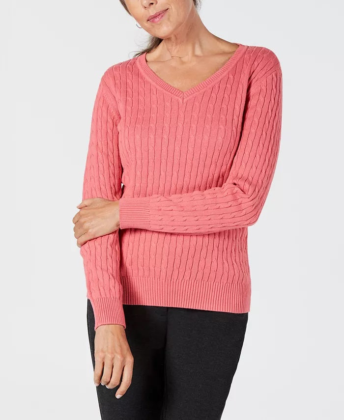Karen Scott Suéter Feminino Petite Cotton Cable Knit Rosa Tamanho PXL