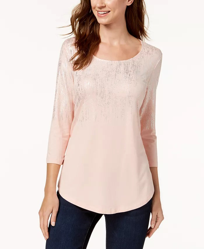 JM Collection Top feminino pequeno com estampa metálica, branco, tamanho pequeno P/M