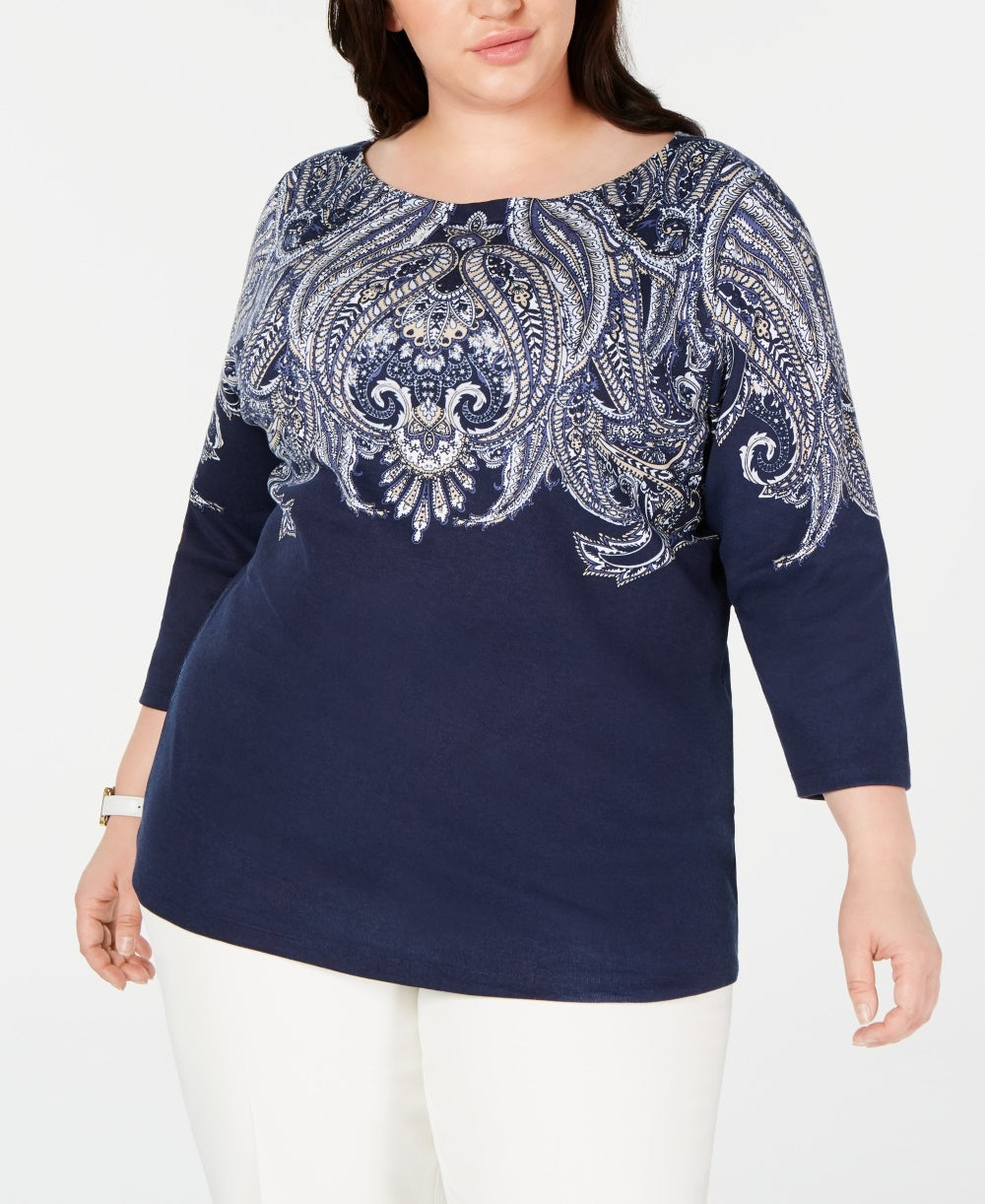 Karen Scott Blusa Feminina Plus Size Estampada Manga 3/4 Azul Tamanho 0X