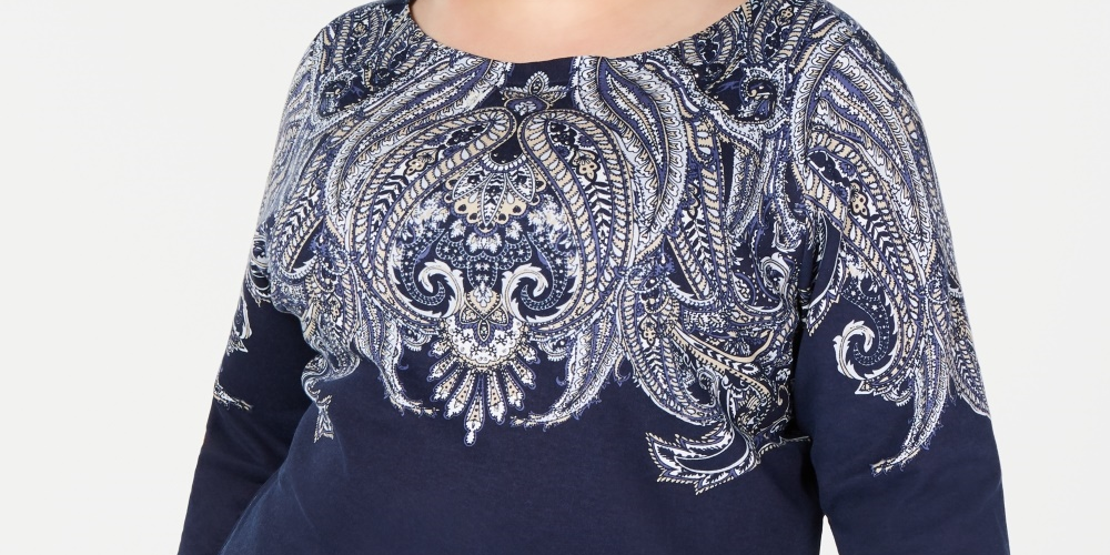 Karen Scott Blusa Feminina Plus Size Estampada Manga 3/4 Azul Tamanho 0X