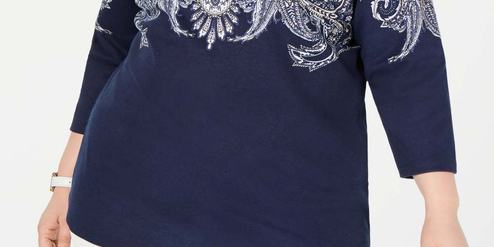 Karen Scott Blusa Feminina Plus Size Estampada Manga 3/4 Azul Tamanho 0X