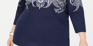 Karen Scott Blusa Feminina Plus Size Estampada Manga 3/4 Azul Tamanho 0X