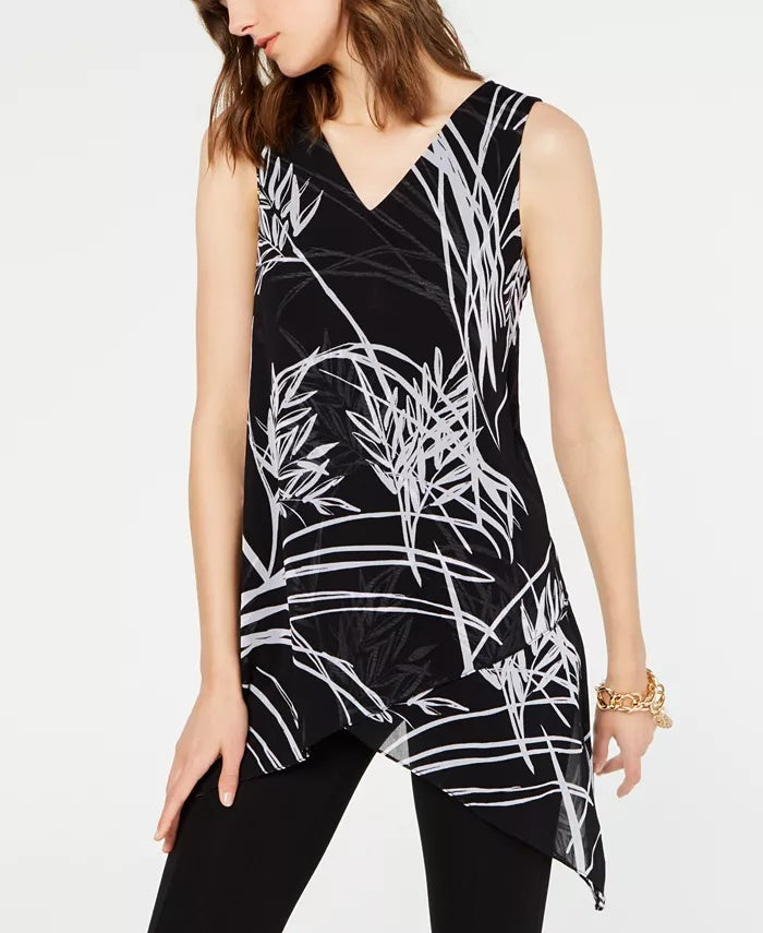 Blusa feminina Alfani Petite com estampa de lenço e bainha, preta, tamanho PS