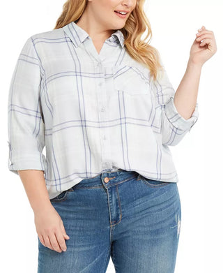 Camisa utilitária xadrez plus size feminina Style &amp; Co, verde claro/azul, tamanho 2X