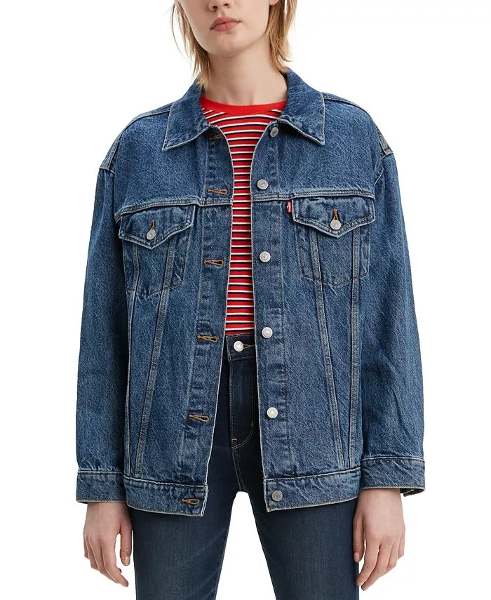 Jaqueta jeans feminina Levi's Baggy Trucker com detalhes em algodão, azul, tamanho pequeno