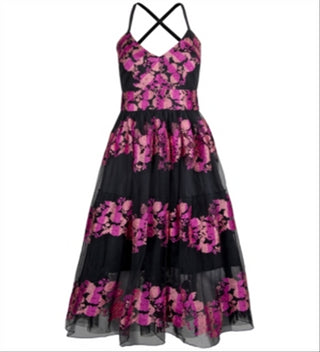 Vestido floral bordado feminino Christian Siriano, preto, tamanho 2