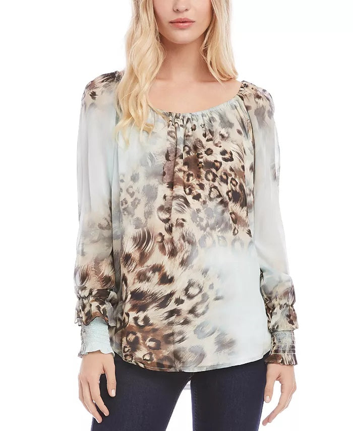 Blusa feminina Karen Kane com estampa de leopardo e manga franzida, marrom, tamanho pequeno