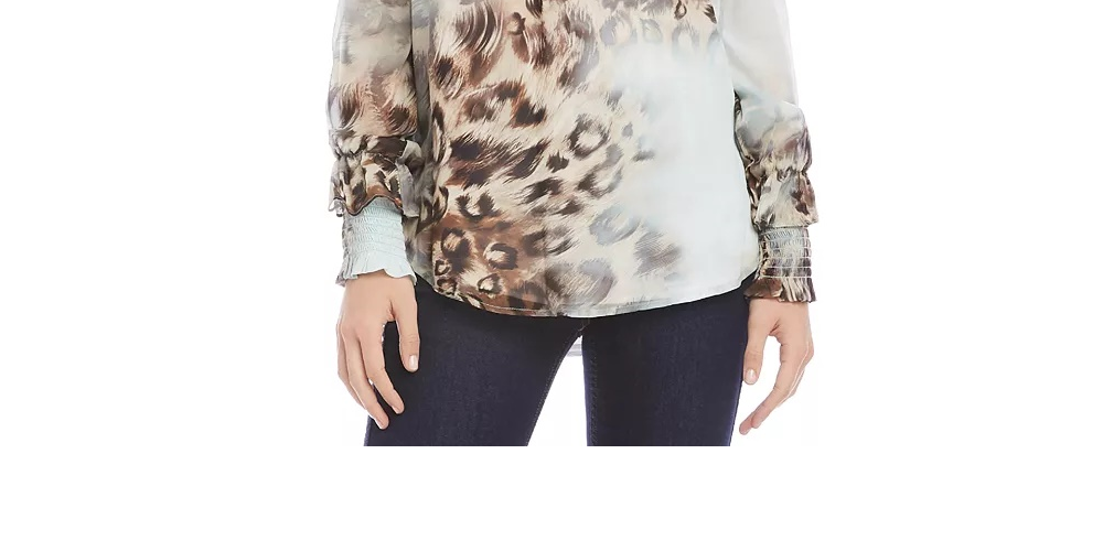 Blusa feminina Karen Kane com estampa de leopardo e manga franzida, marrom, tamanho pequeno