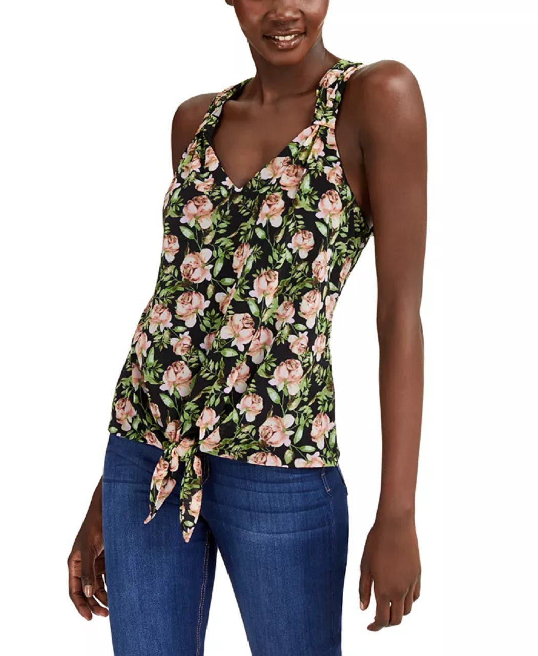 Blusa feminina com estampa floral e amarração frontal, preta, tamanho pequeno, da INC International Concepts