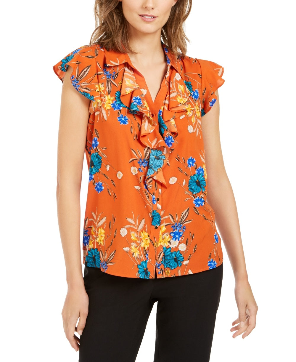 Blusa Calvin Klein Feminina com Babados Frontais e Flor Laranja, Tamanho Grande
