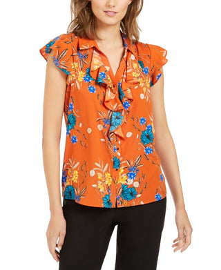 Blusa Calvin Klein Feminina com Babados Frontais e Flor Laranja, Tamanho Grande
