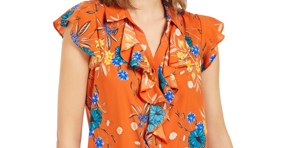 Blusa Calvin Klein Feminina com Babados Frontais e Flor Laranja, Tamanho Grande