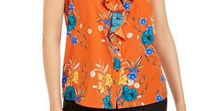 Blusa Calvin Klein Feminina com Babados Frontais e Flor Laranja, Tamanho Grande