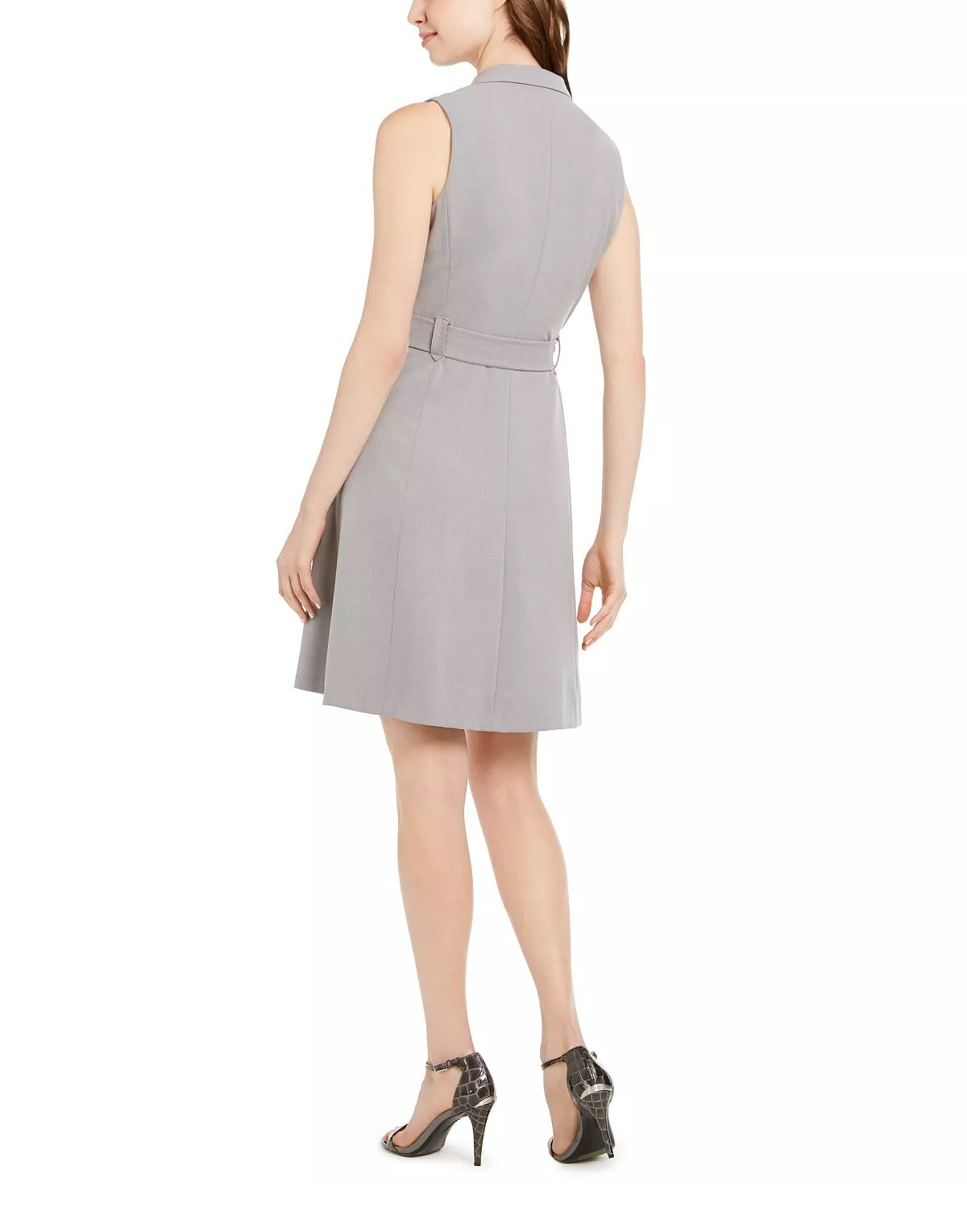 Vestido Calvin Klein Feminino, liso, sem mangas, decote em V, acima do joelho, ajuste flare, cinza, tamanho 10