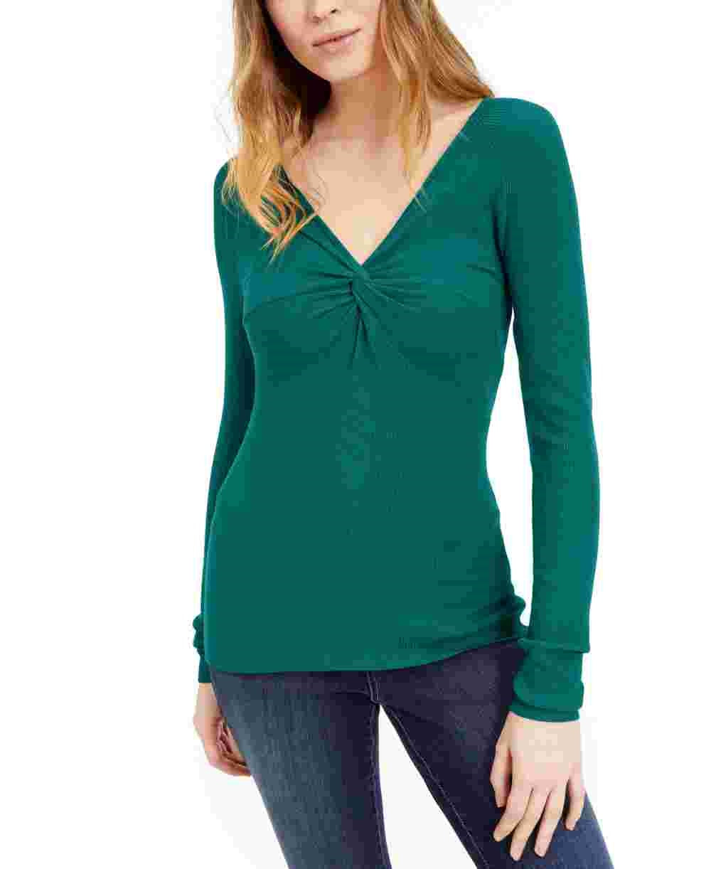 Suéter feminino INC International Concepts com decote em V e manga comprida com frente torcida, tamanho grande, verde