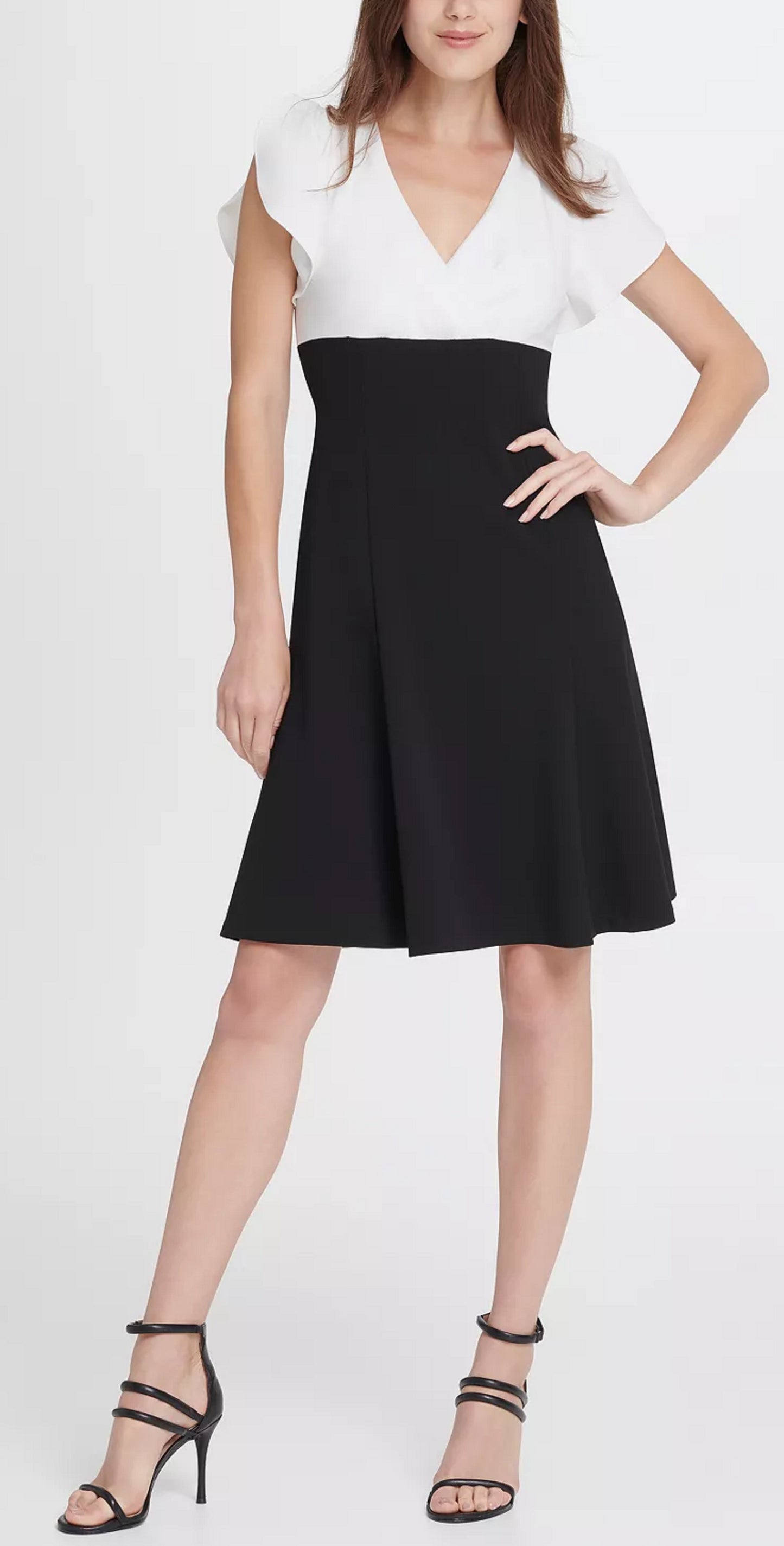 Vestido flare feminino DKNY com manga tulipa e bloco de cores, preto/branco, tamanho 12