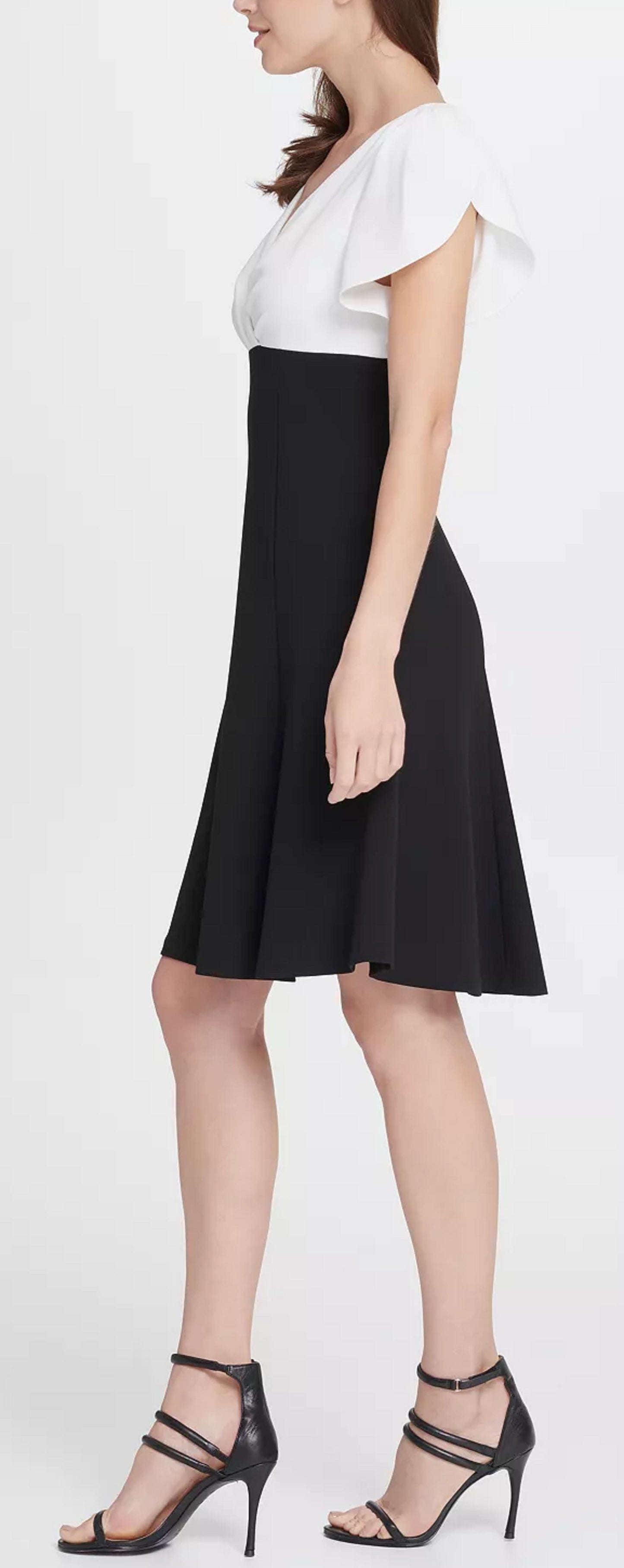 Vestido flare feminino DKNY com manga tulipa e bloco de cores, preto/branco, tamanho 12