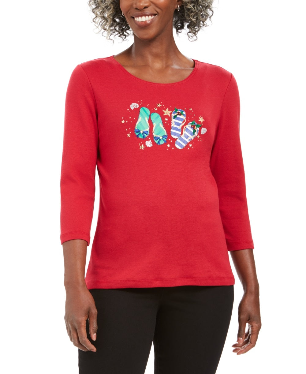 Karen Scott Chinelos Femininos de Inverno Algodão Top Vermelho Tamanho PL