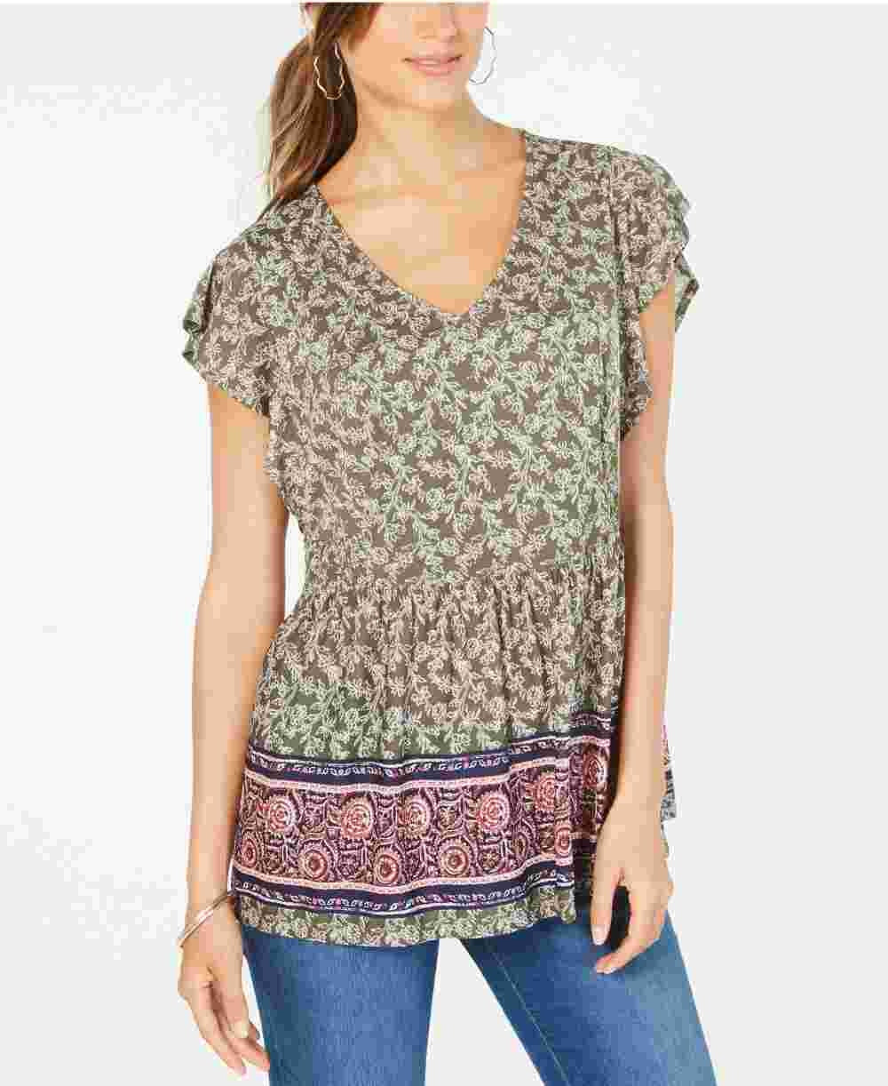 Blusa peplum estampada com mangas bufantes Petite Style &amp; Co, tamanho P, verde