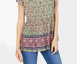 Blusa peplum estampada com mangas bufantes Petite Style &amp; Co, tamanho P, verde
