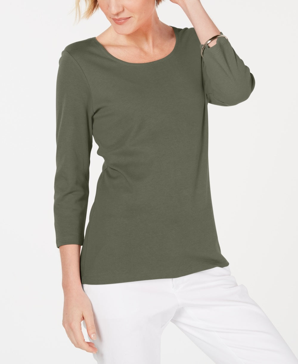 Karen Scott Blusa de algodão com decote redondo feminina, verde, tamanho pequeno médio