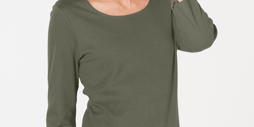 Karen Scott Blusa de algodão com decote redondo feminina, verde, tamanho pequeno médio