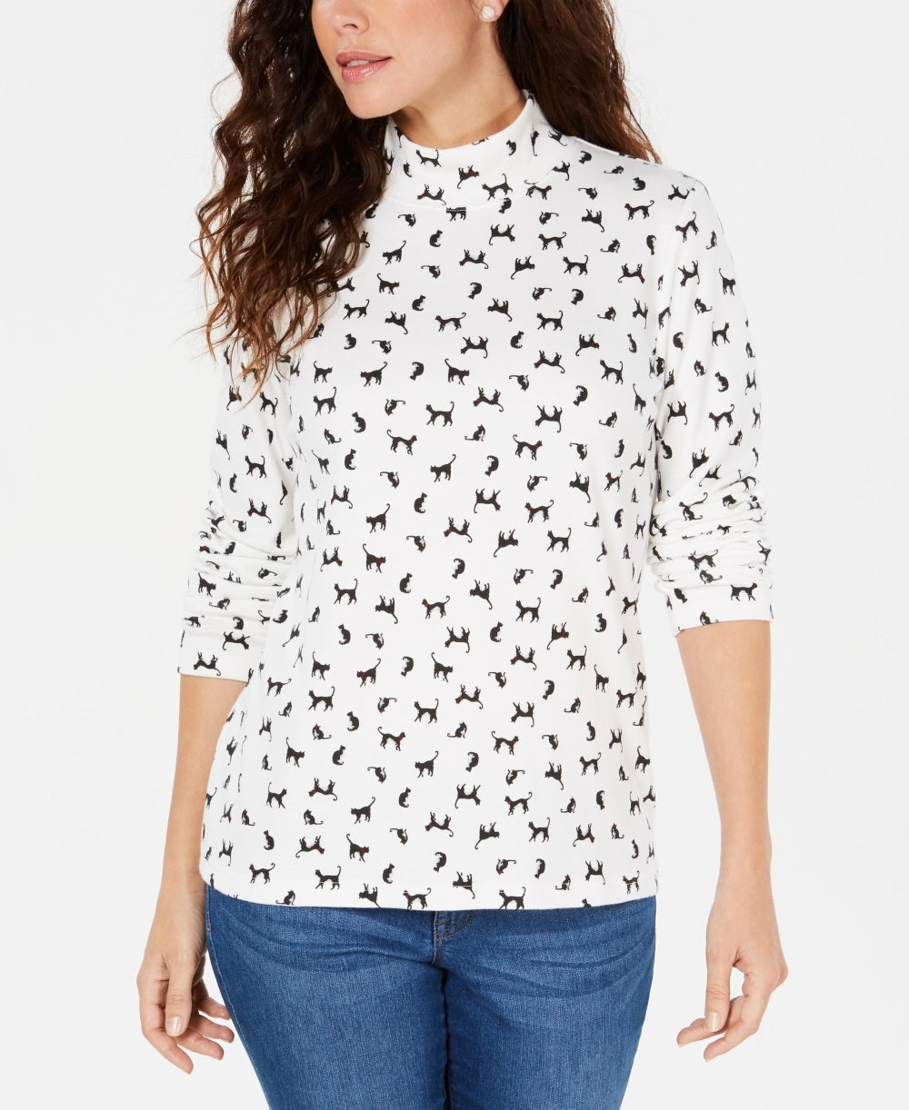 Blusa feminina Karen Scott com estampa floral e gola alta, branca, tamanho PL