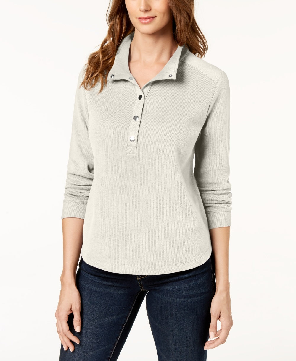 Karen Scott Top feminino pequeno com gola alta e botões na frente, branco, tamanho PL