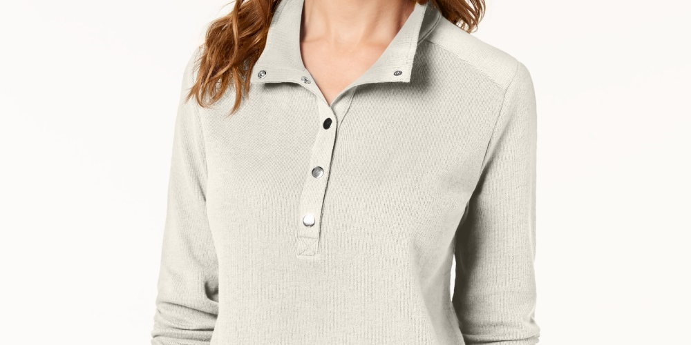 Karen Scott Top feminino pequeno com gola alta e botões na frente, branco, tamanho PL