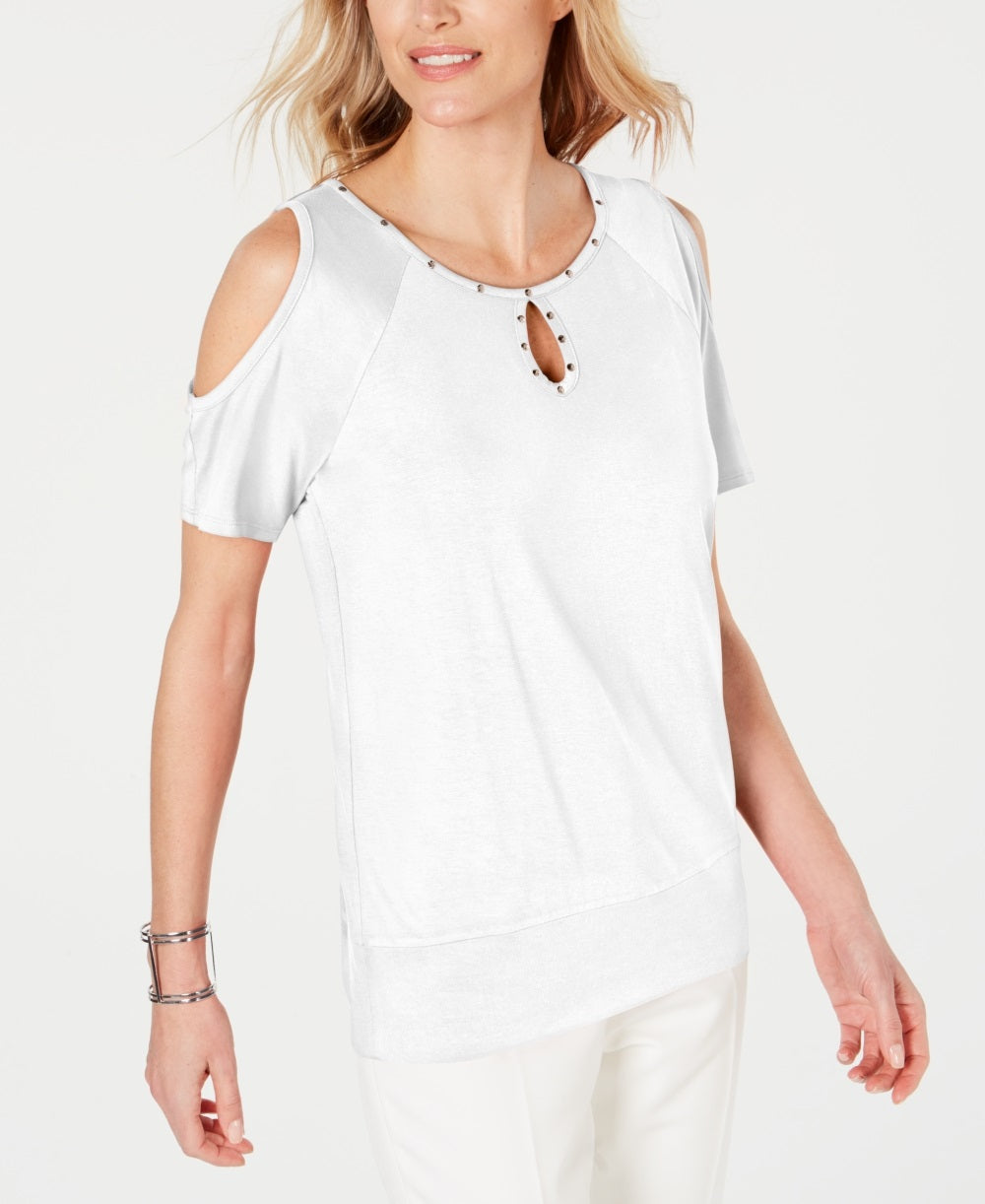 JM Collection Top Feminino com Tachas e Ombros Vazados, Branco, Tamanho Pequeno