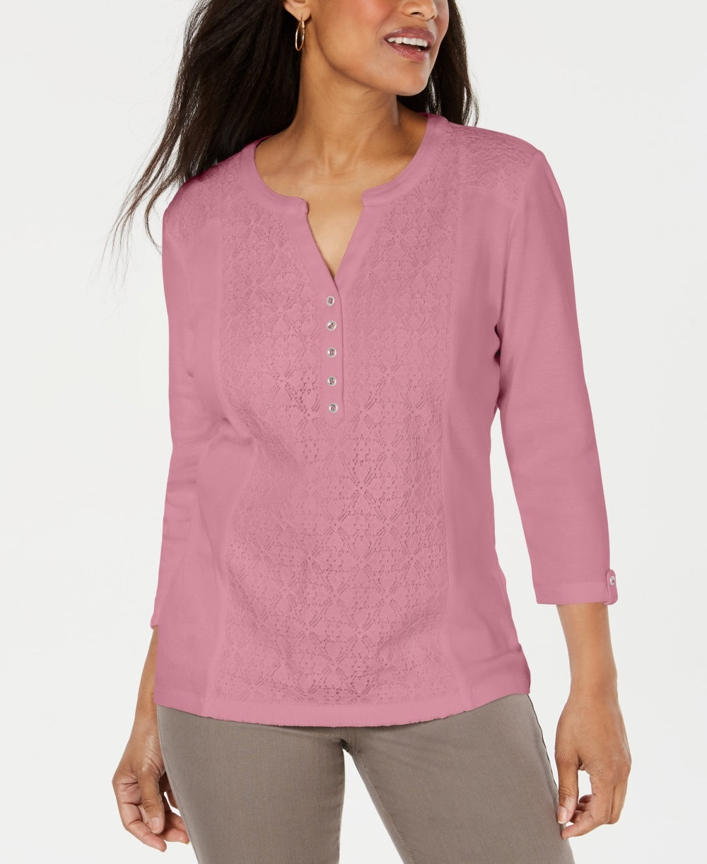 Karen Scott Blusa Túnica Feminina Rosa Renda Sólida Manga 3/4 Com Botões Rosa Tamanho Pequeno P