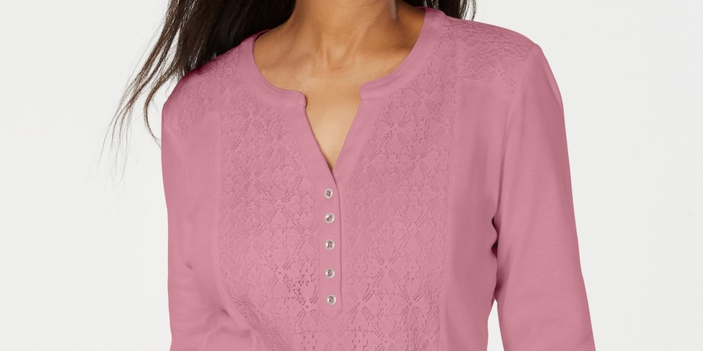 Karen Scott Blusa Túnica Feminina Rosa Renda Sólida Manga 3/4 Com Botões Rosa Tamanho Pequeno P