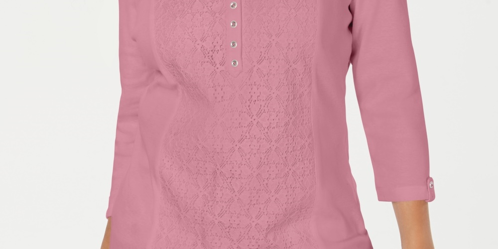 Karen Scott Blusa Túnica Feminina Rosa Renda Sólida Manga 3/4 Com Botões Rosa Tamanho Pequeno P