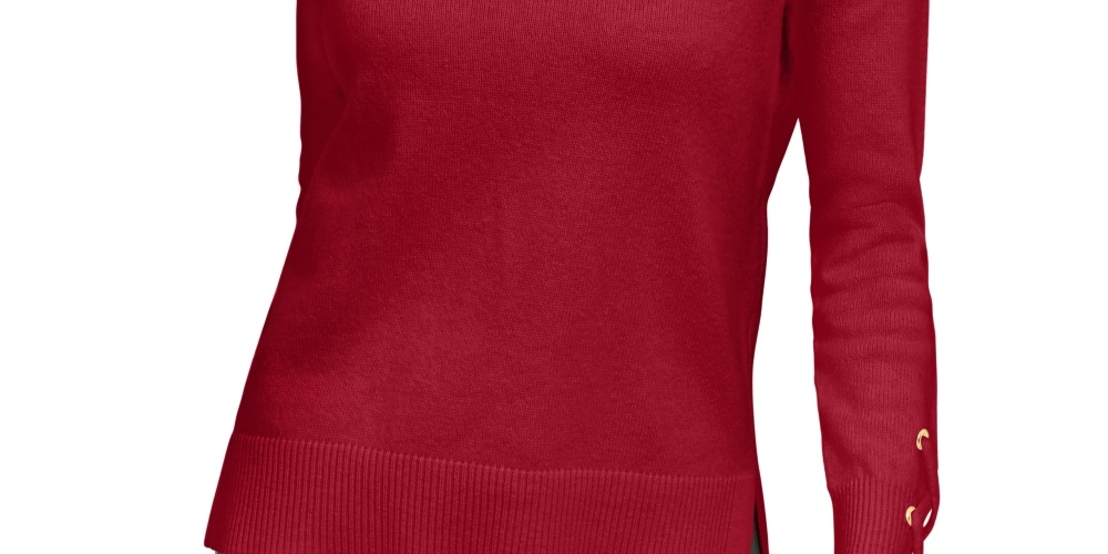 Suéter feminino Michael Kors de manga comprida e gola redonda, vermelho, tamanho médio