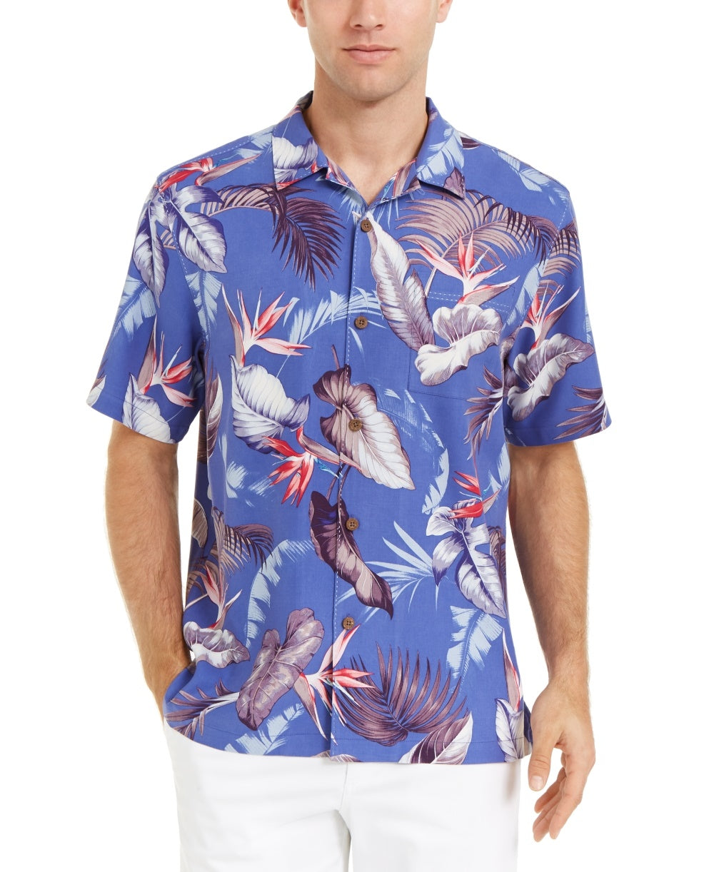 Camisa de acampamento de seda com estampa tropical e corte clássico Tommy Bahama Bird's Eye View masculina, tamanho XXX-G