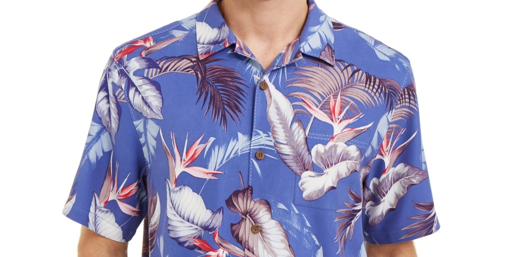 Camisa de acampamento de seda com estampa tropical e corte clássico Tommy Bahama Bird's Eye View masculina, tamanho XXX-G