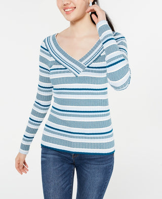 Suéter listrado com decote em V para calouros e juniores, verde, tamanho pequeno