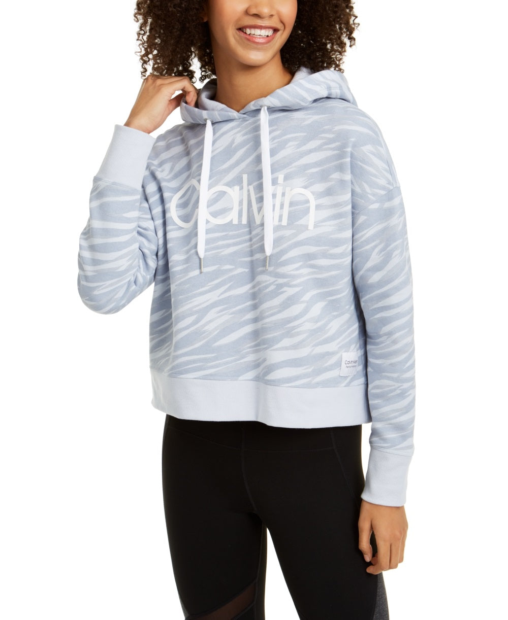 Calvin Klein Moletom com capuz feminino com estampa de zebra e logotipo, cinza, tamanho grande