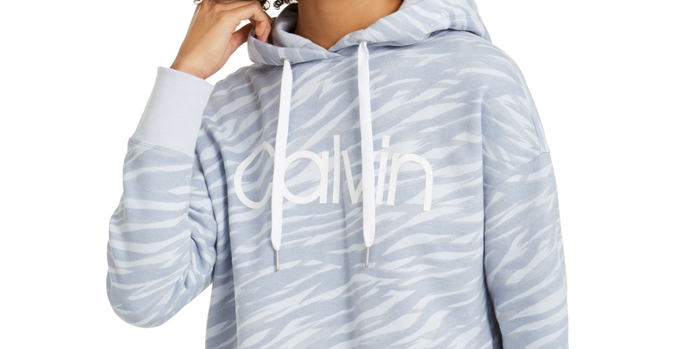 Calvin Klein Moletom com capuz feminino com estampa de zebra e logotipo, cinza, tamanho grande