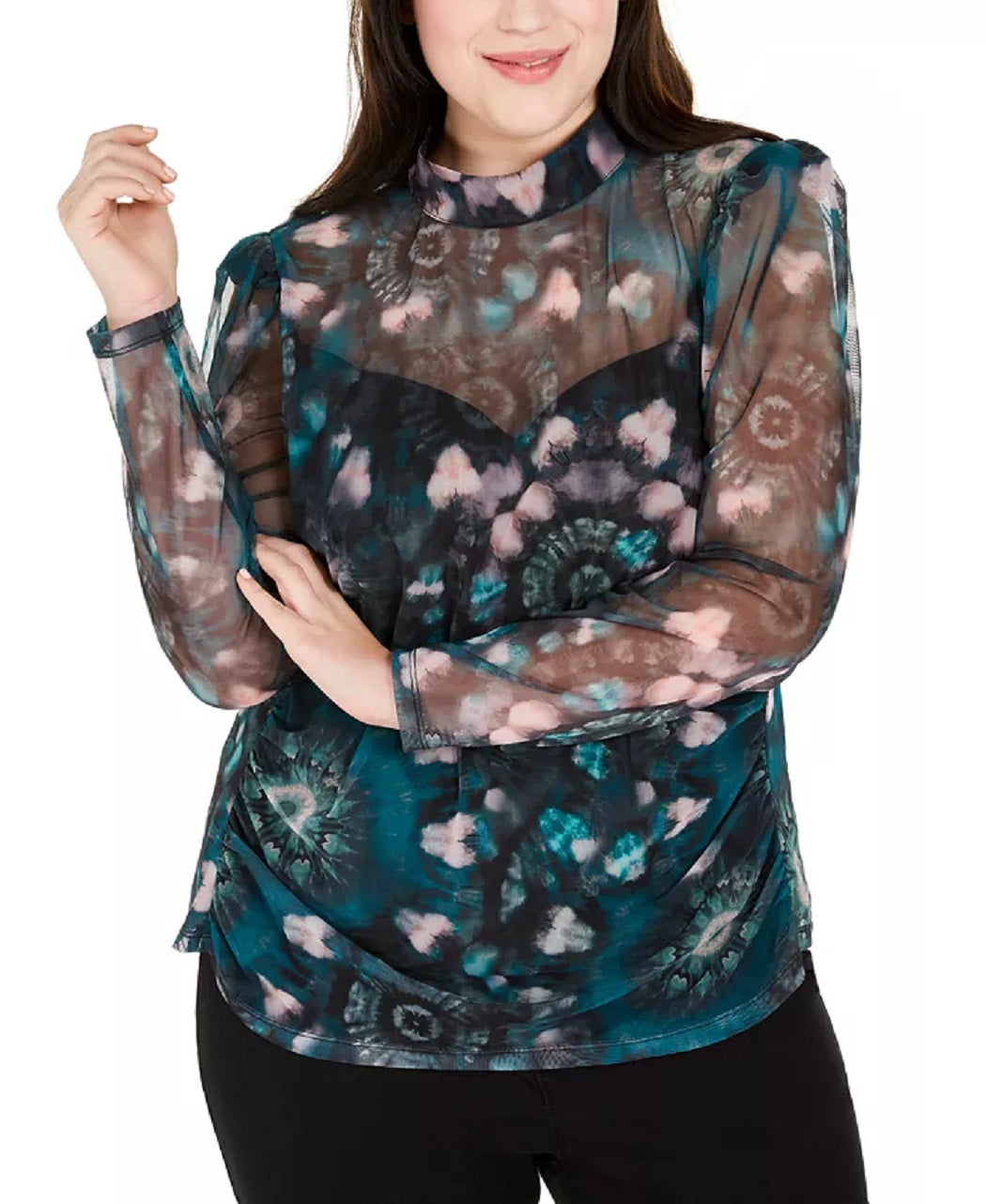Blusa de gola alta estampada feminina INC International Concepts, preta, tamanho 0X